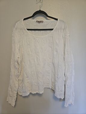 FLAX Popover Blouse Top Crinkle White Linen/Cotton Blend M